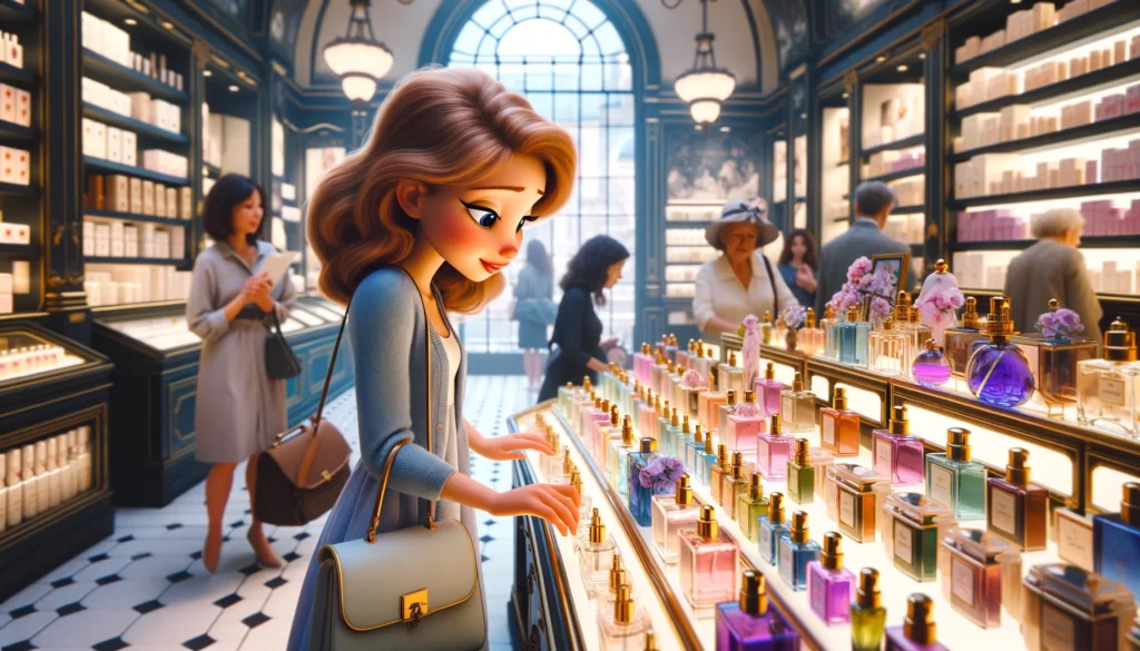 девушка выбирает парфюм в Париже